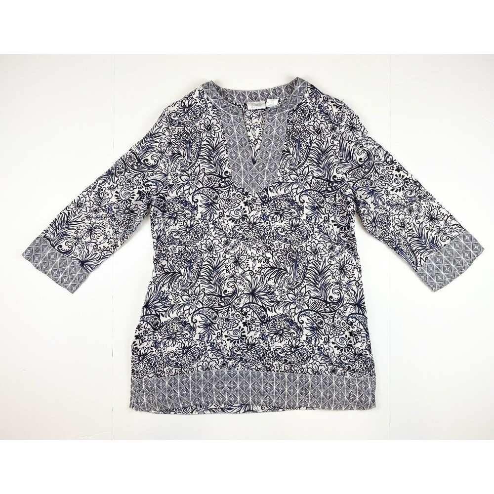 Sigrid Olsen Blouse Tunic 100% Linen Women's Sz S Blue Paisley 3/4 Sleeve Resort